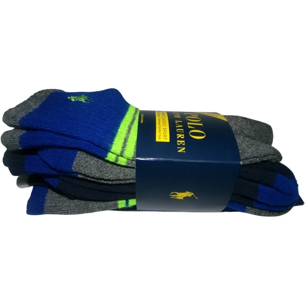 Polo Ralph Lauren Mens 4 Pair Classic Sport Crew Socks Blue Grey Neon Green NWT